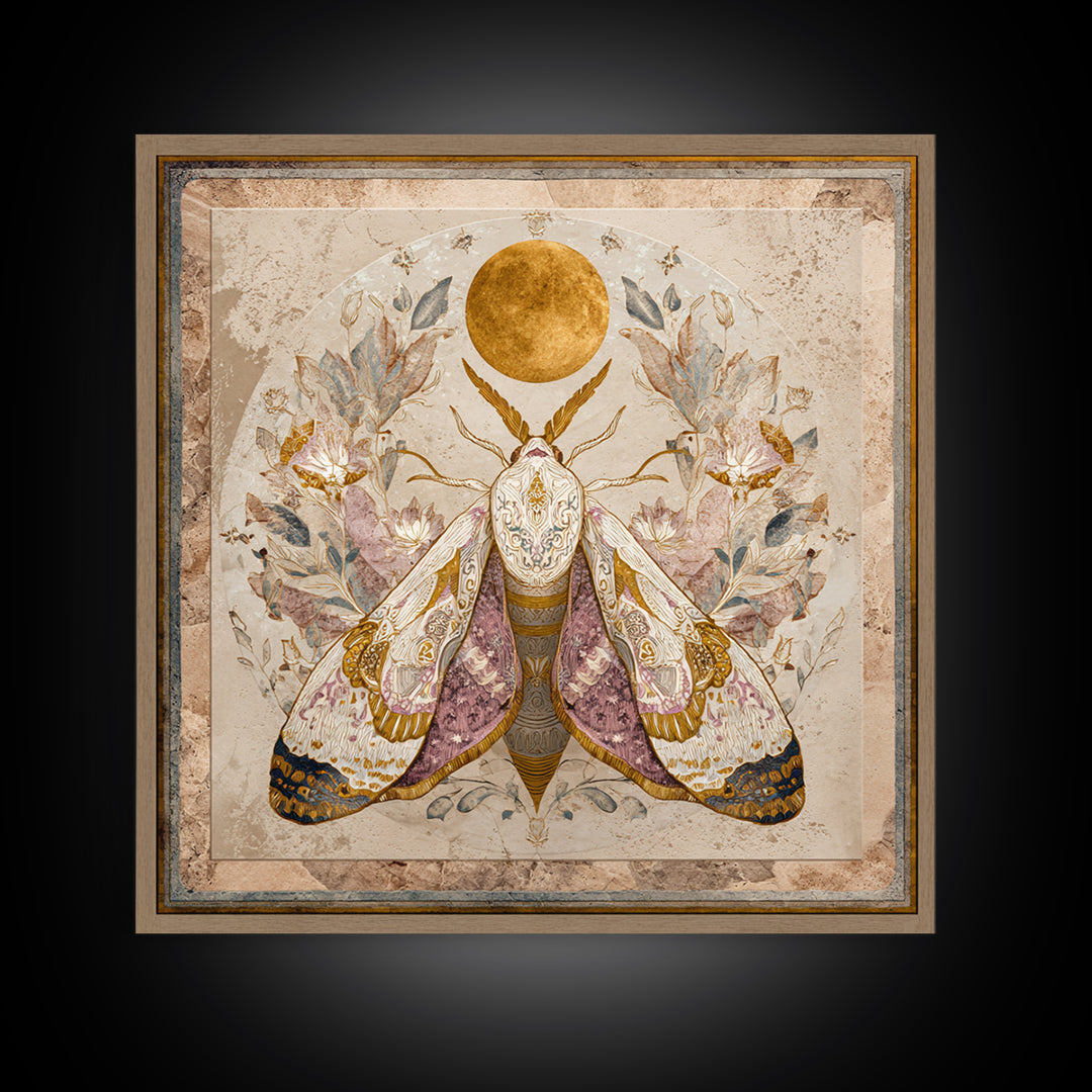 Golden Moth with Moon and Stars Canvas Print, Boho Art, Art Print, Living Room Decor, Fine Art, Bohemian, Digital Print, BOH-1x1-89