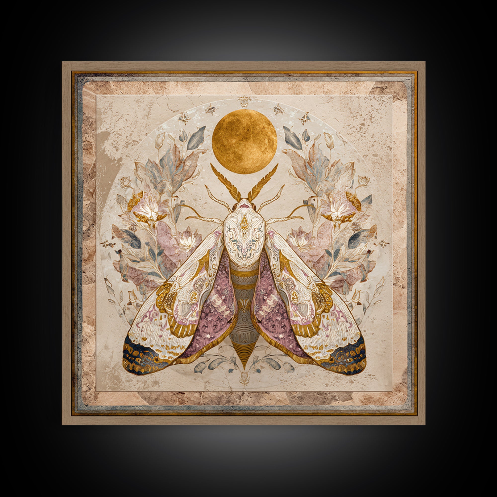Golden Moth with Moon and Stars Canvas Print, Boho Art, Art Print, Living Room Decor, Fine Art, Bohemian, Digital Print, BOH-1x1-89