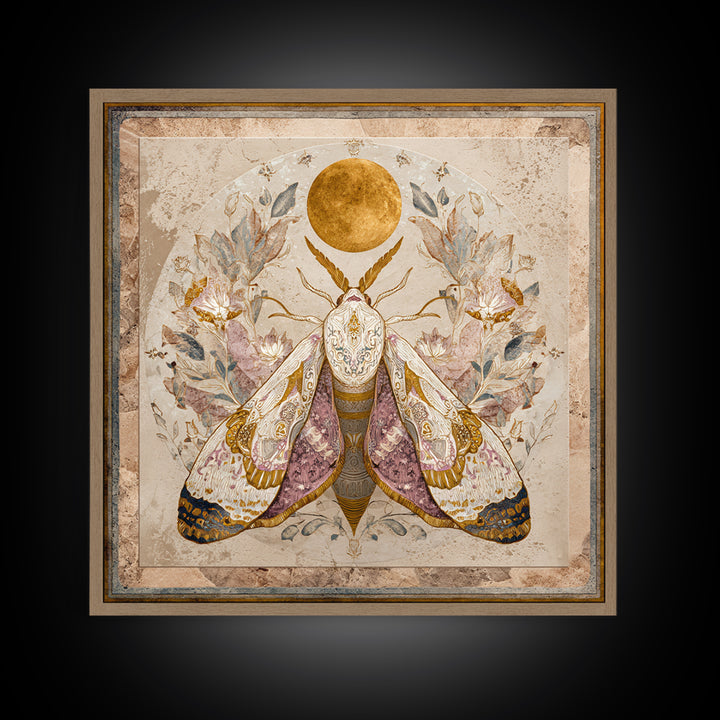 Golden Moth with Moon and Stars Canvas Print, Boho Art, Art Print, Living Room Decor, Fine Art, Bohemian, Digital Print, BOH-1x1-89