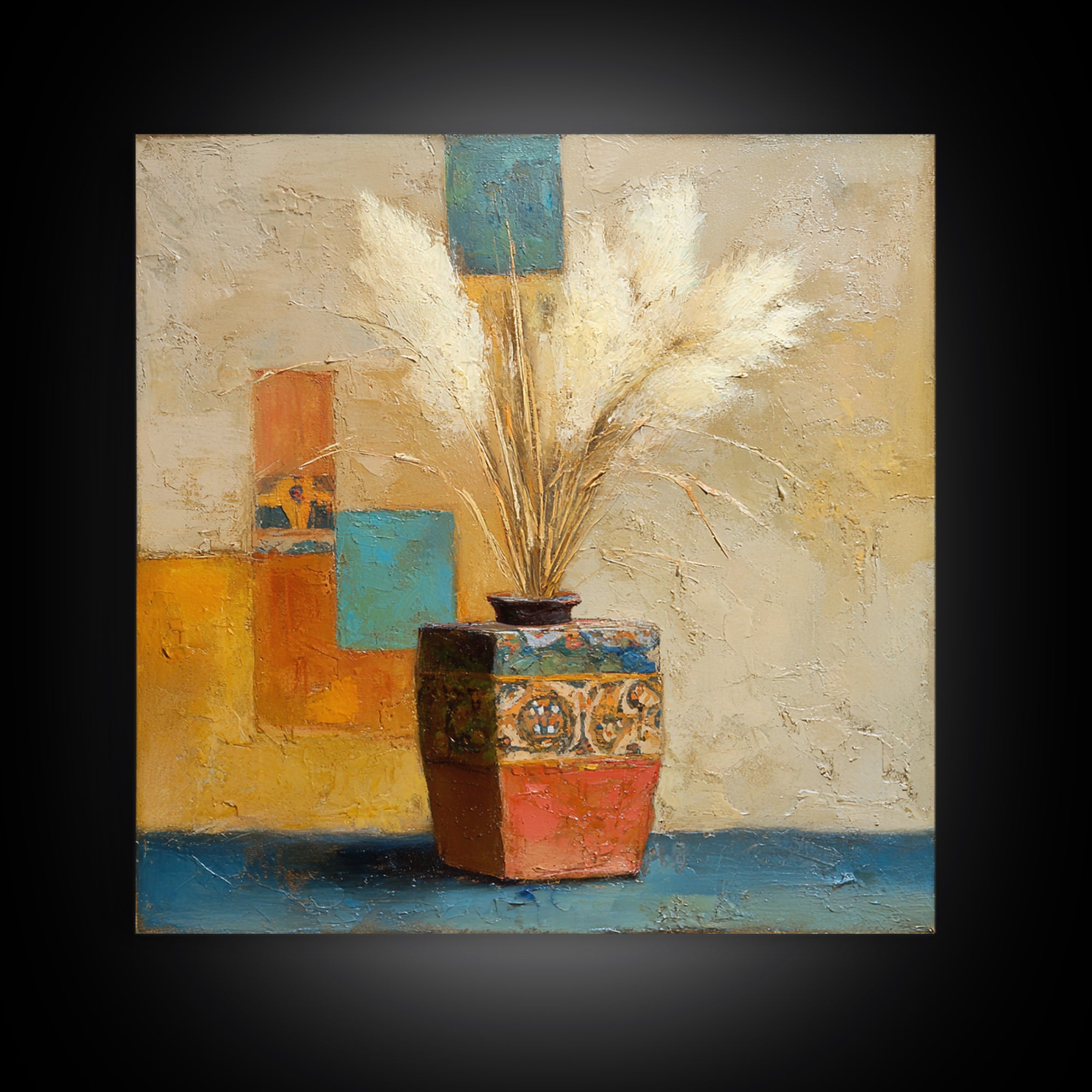 Bohemian Vase with Dried Pampas Grass Canvas Print, Boho Art, Minimalist Decor, Living Room Decor, Fine Art, Bohemian, BOH-1x1-9