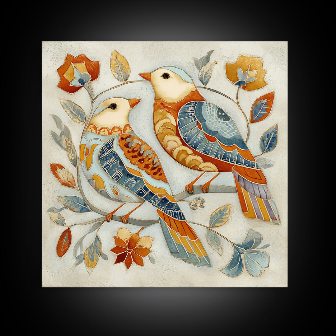 Boho Bird Pair Canvas Print, Boho Art, Wall Print, Living Room Decor, Fine Art, Bohemian, Minimalist Decor, Contemporary Art, BOH-1x1-92