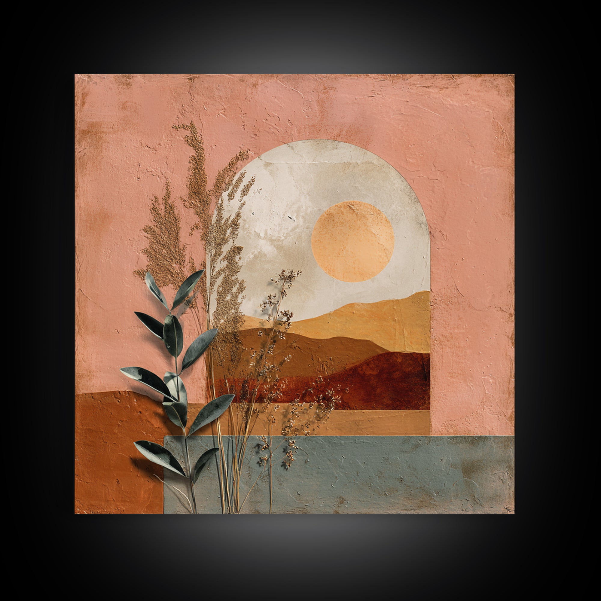 Sunrise over Rolling Dunes in Muted Peach Framed Canvas Print, Boho Art, Digital Art, Living Room Decor, Oil Painting, Bohemian, BOH-1x1-93