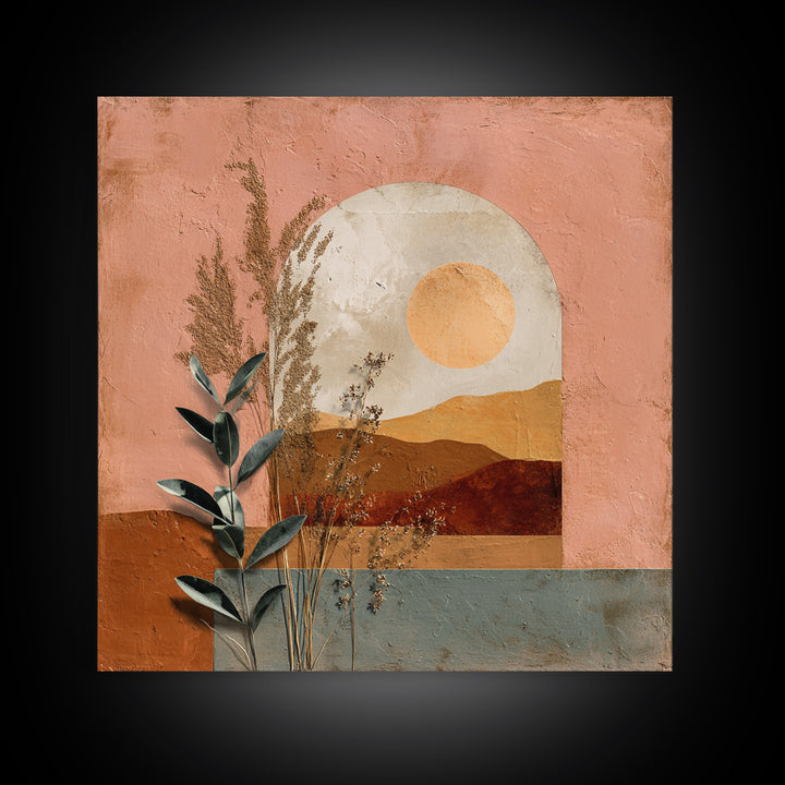 Sunrise over Rolling Dunes in Muted Peach Framed Canvas Print, Boho Art, Digital Art, Living Room Decor, Oil Painting, Bohemian, BOH-1x1-93
