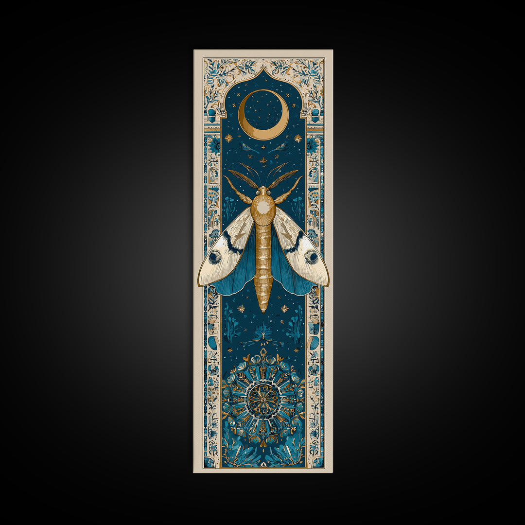 Golden Moth with Moon and Stars Framed Canvas Print, Boho Art, Prints, Living Room Decor, Fine Art, Bohemian, Abstract Art, BOH-1x3-29