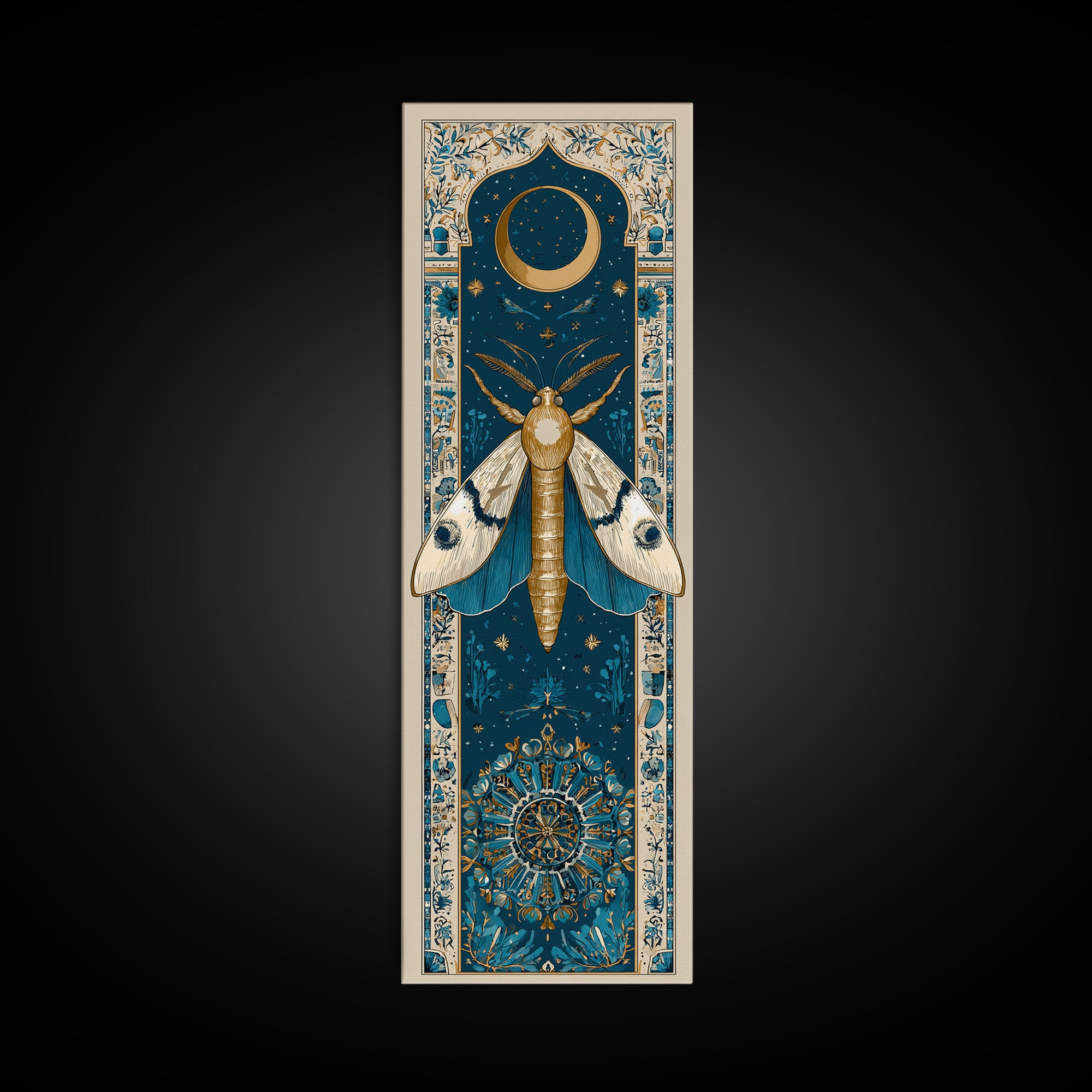 Golden Moth with Moon and Stars Framed Canvas Print, Boho Art, Prints, Living Room Decor, Fine Art, Bohemian, Abstract Art, BOH-1x3-29