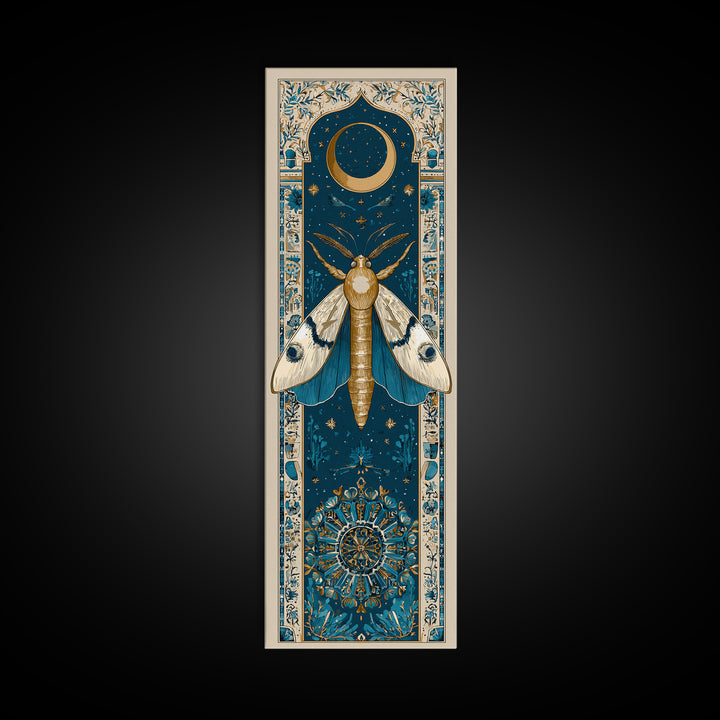 Golden Moth with Moon and Stars Framed Canvas Print, Boho Art, Prints, Living Room Decor, Fine Art, Bohemian, Abstract Art, BOH-1x3-29