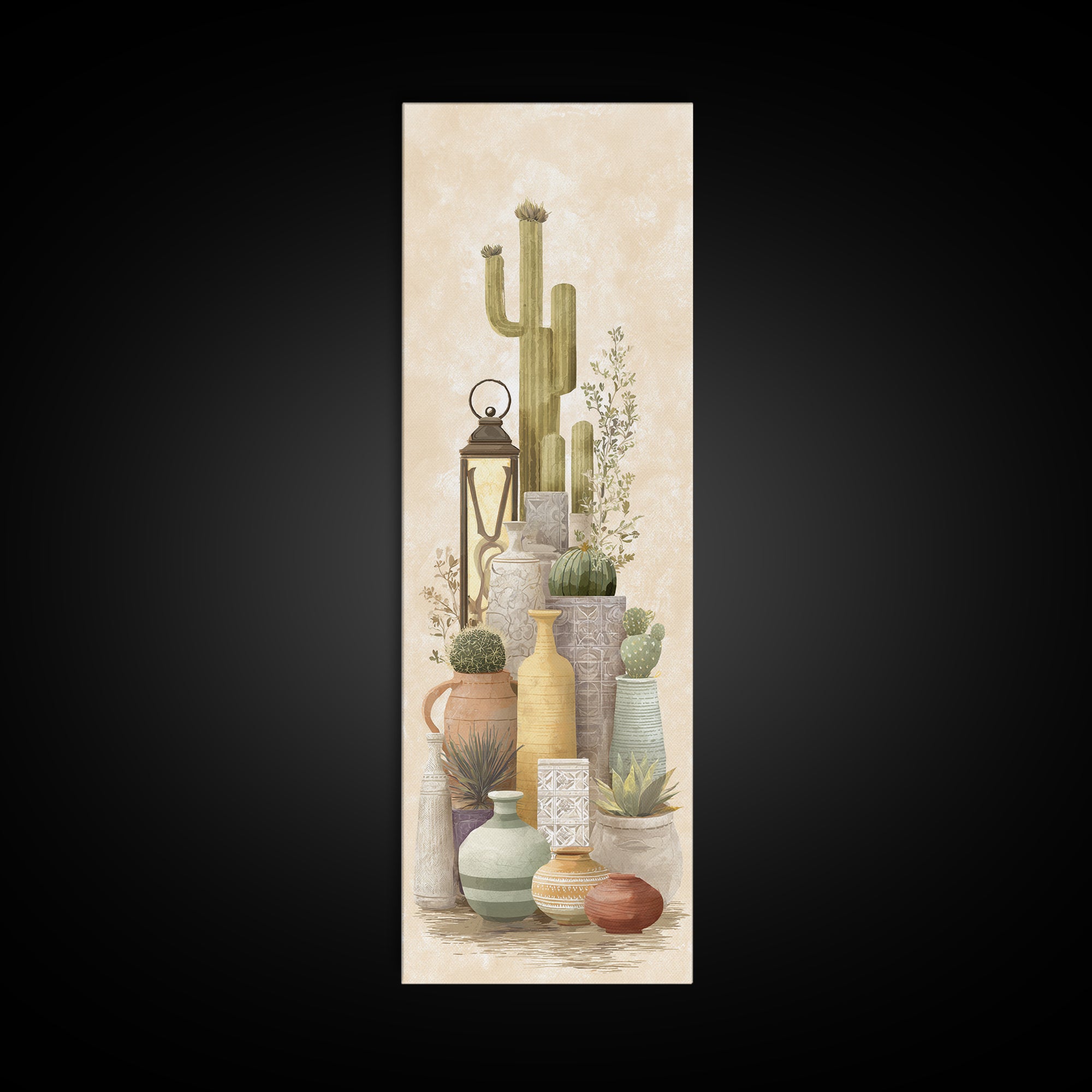 Warm Neutral Cactus Garden Illustration Framed Canvas Print, Boho Art, Fine Art Print, Living Room Decor, Watercolor Art, BOH-1x3-30