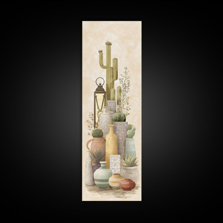 Warm Neutral Cactus Garden Illustration Framed Canvas Print, Boho Art, Fine Art Print, Living Room Decor, Watercolor Art, BOH-1x3-30