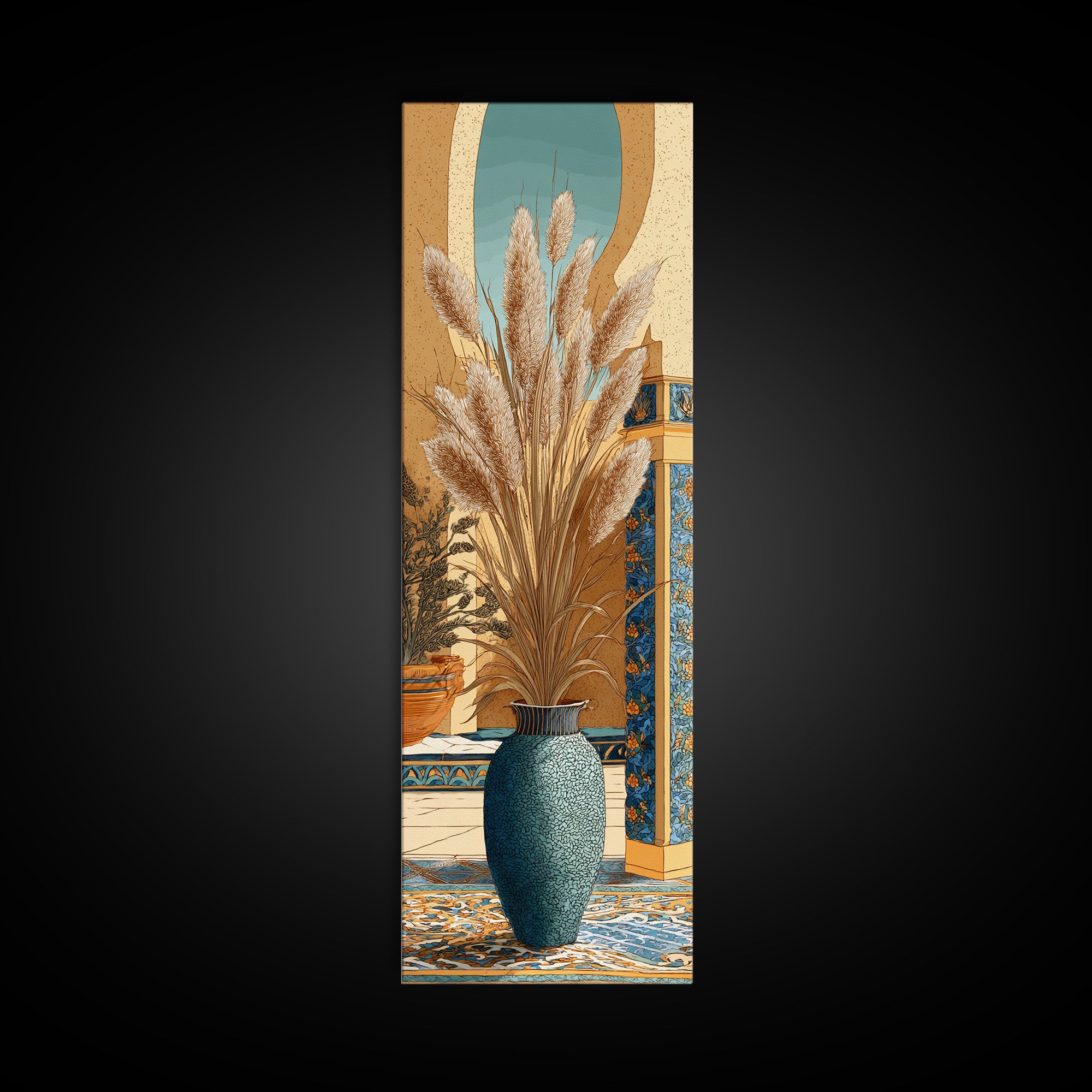 Bohemian Vase with Dried Pampas Grass Framed Canvas Print, Boho Art, Printable, Living Room Decor, Oil Painting, Bohemian, BOH-1x3-45