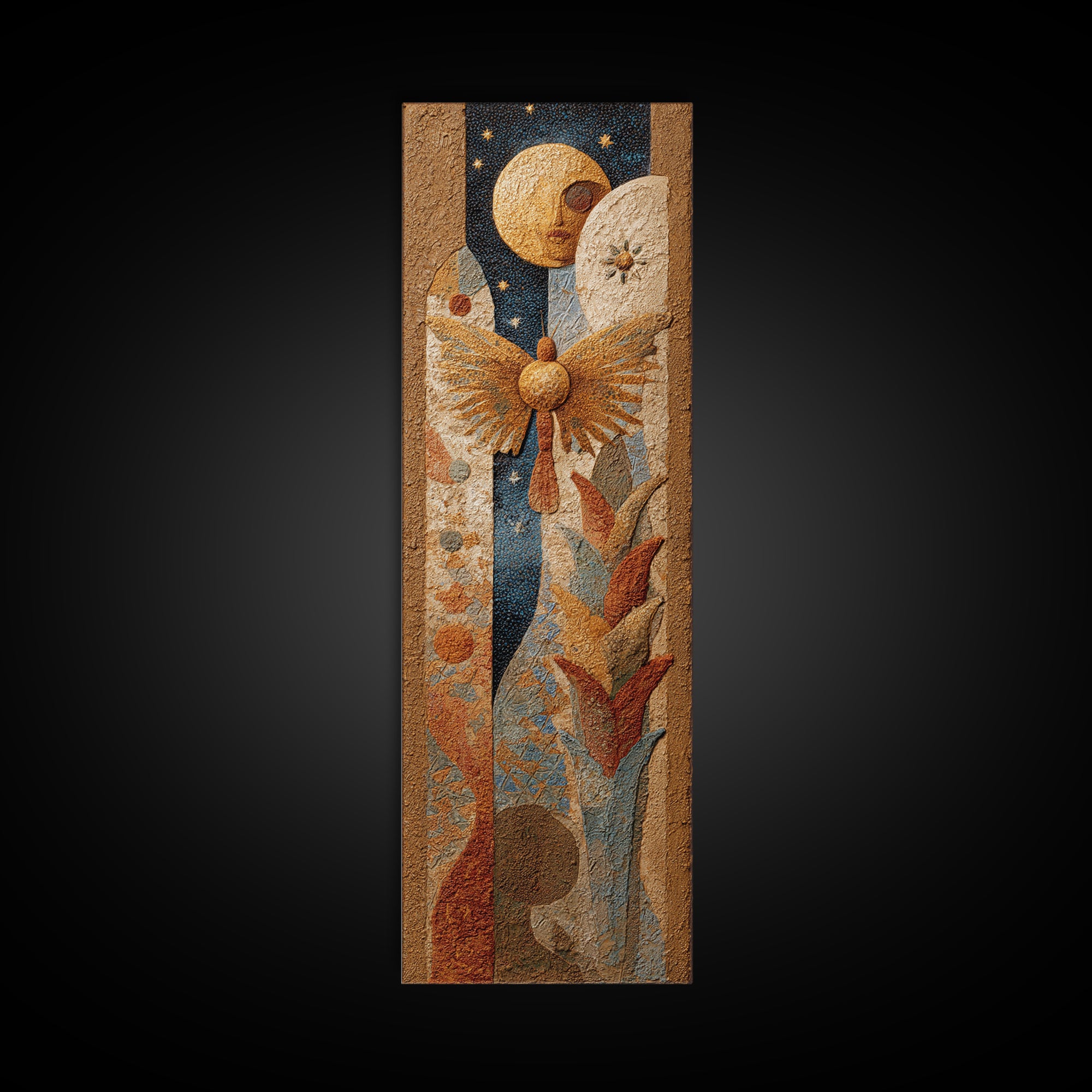 Golden Moth with Moon and Stars Framed Canvas Print, Boho Art, Prints, Living Room Decor, Fine Art, Bohemian, Abstract Art, BOH-1x3-53