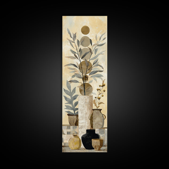 Moon Phases Above Botanical Silhouettes Framed Canvas Print, Boho Art, Living Room Decor, Oil Painting, Bohemian, BOH-1x3-62