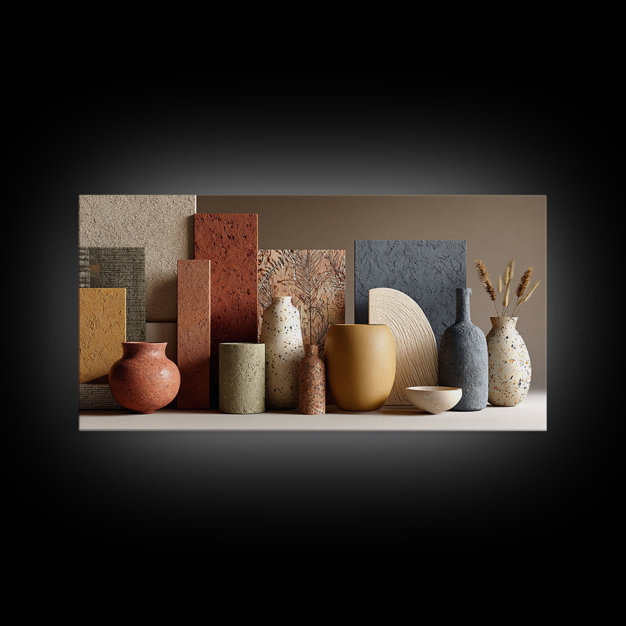 Abstract Clay Shapes Framed Canvas Print, Boho Art, Textured Painting, Living Room Decor, Abstract Art, Bohemian, BOH-2x1-12