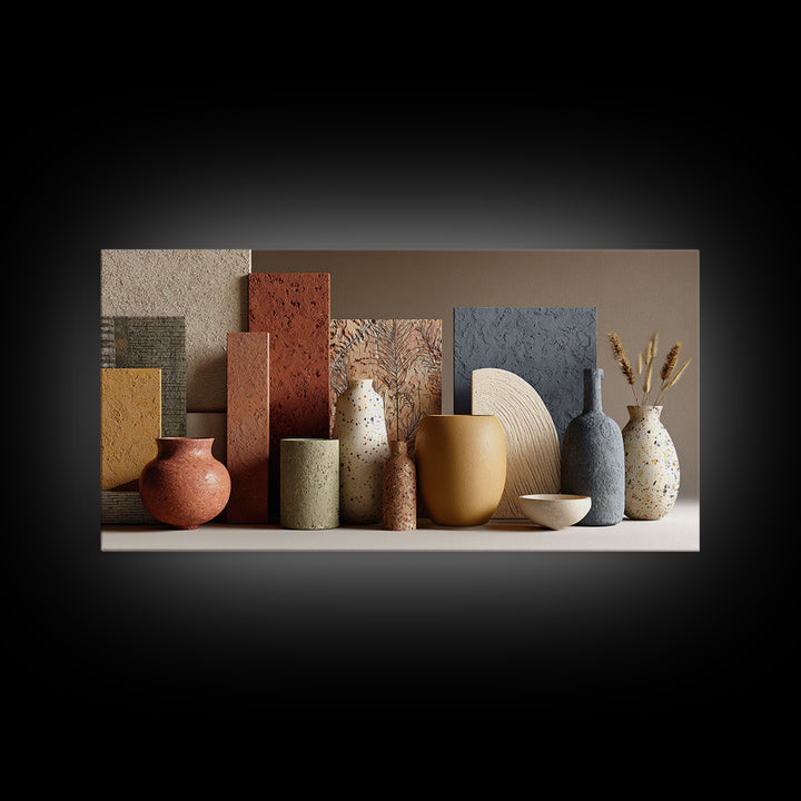 Abstract Clay Shapes Framed Canvas Print, Boho Art, Textured Painting, Living Room Decor, Abstract Art, Bohemian, BOH-2x1-12