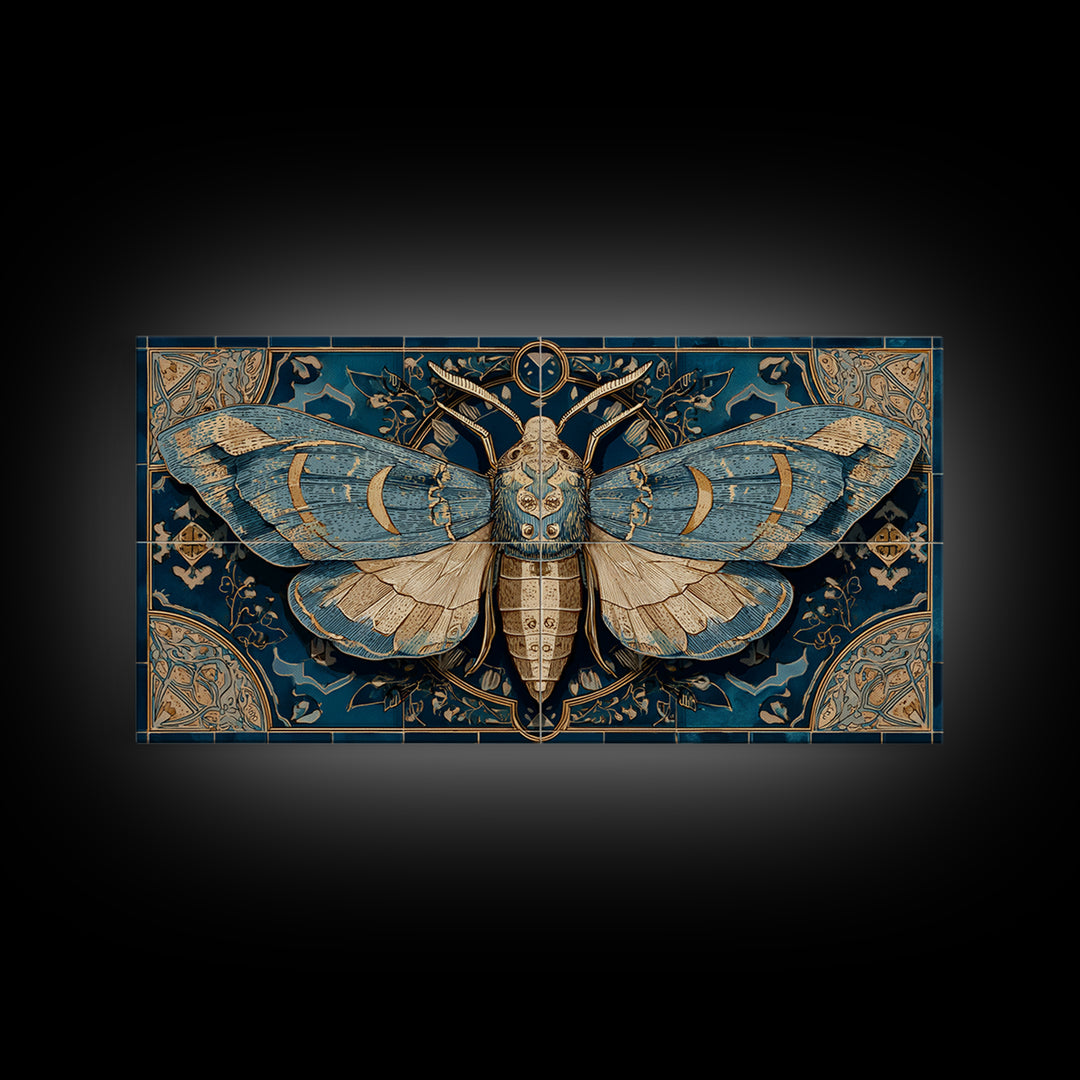 Golden Moth with Moon and Stars Framed Canvas Print, Boho Art, Boho, Living Room Decor, Fine Art, Bohemian, Wall Art Print, BOH-2x1-13