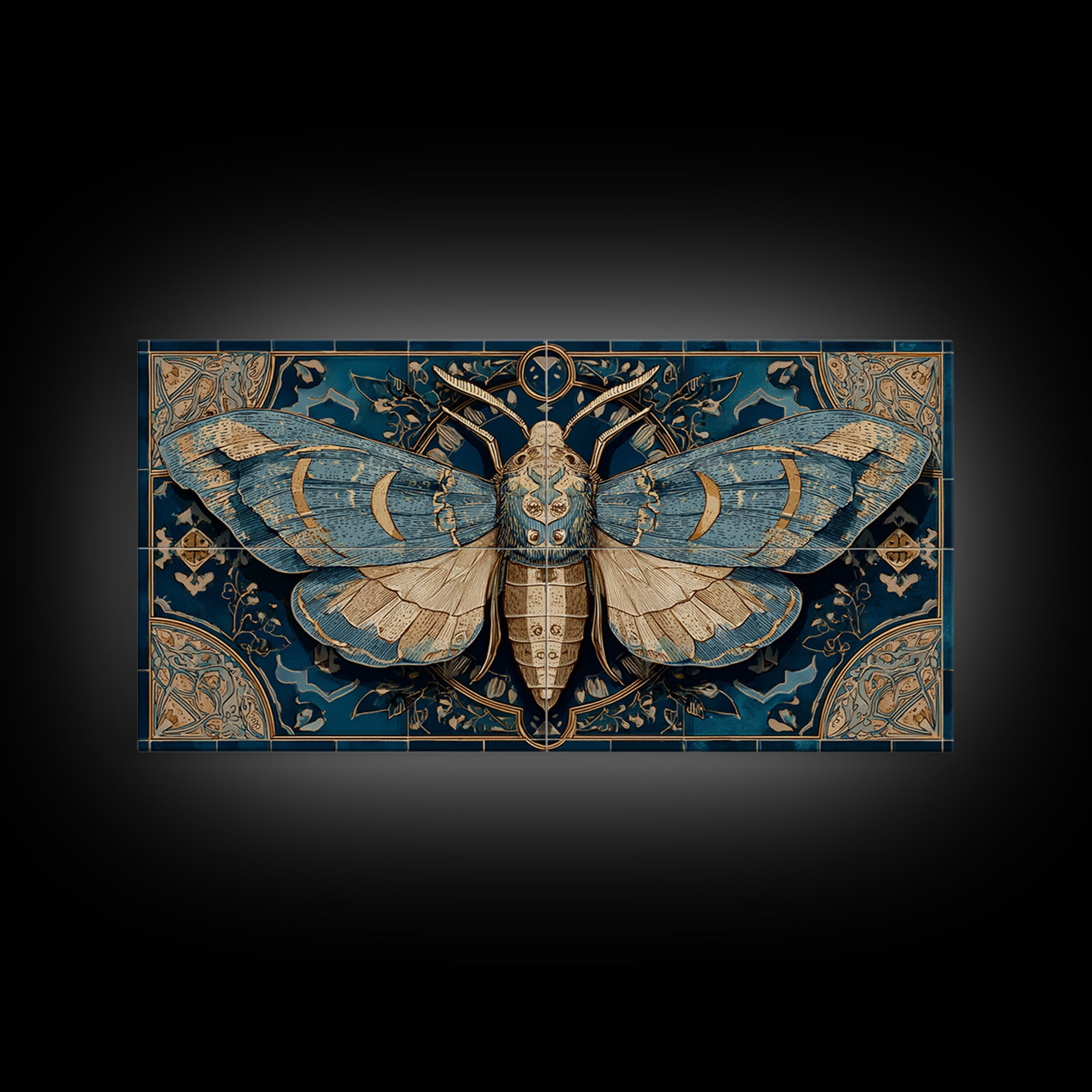 Golden Moth with Moon and Stars Framed Canvas Print, Boho Art, Boho, Living Room Decor, Fine Art, Bohemian, Wall Art Print, BOH-2x1-13