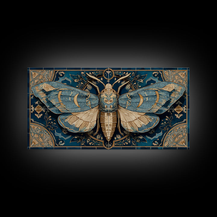 Golden Moth with Moon and Stars Framed Canvas Print, Boho Art, Boho, Living Room Decor, Fine Art, Bohemian, Wall Art Print, BOH-2x1-13