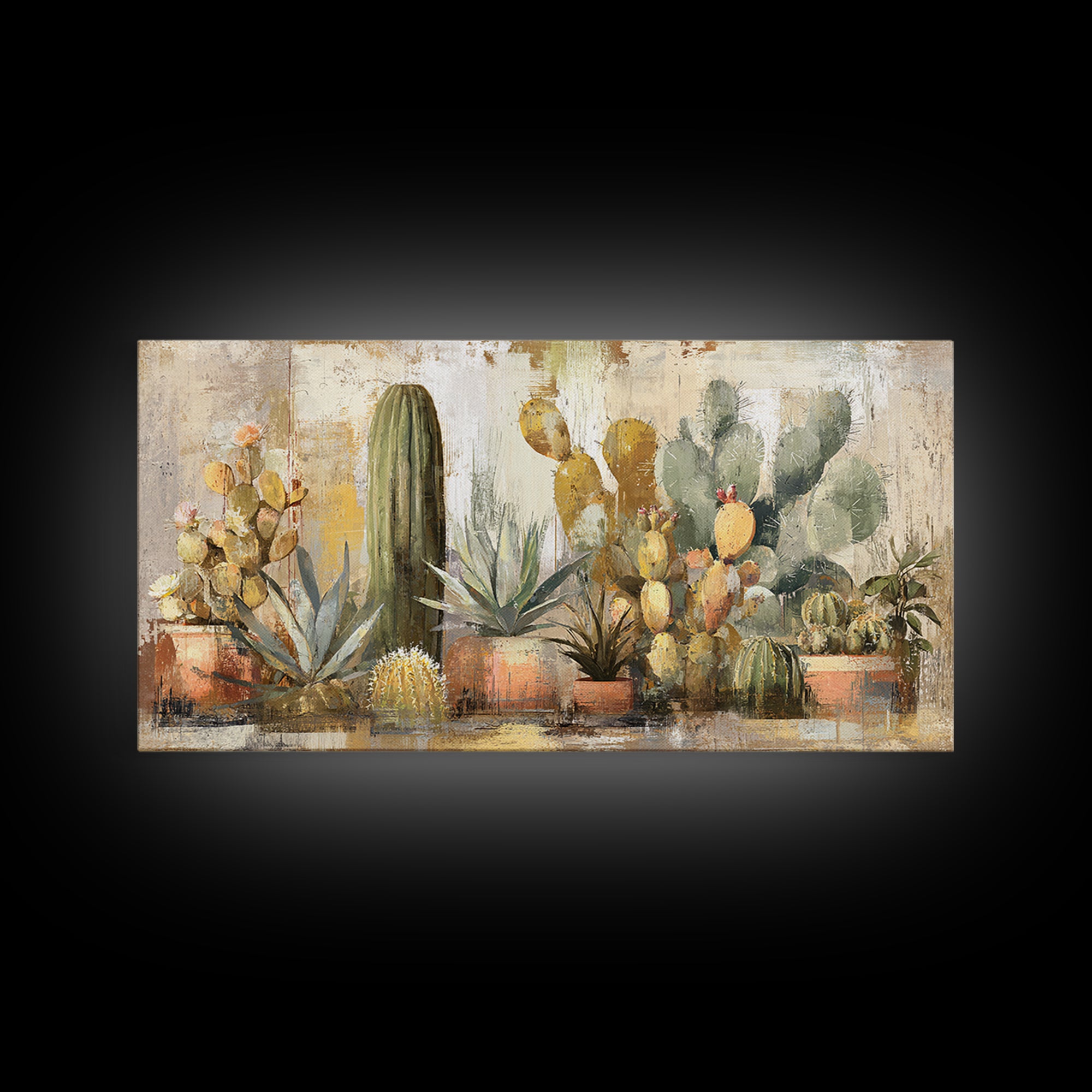 Warm Neutral Cactus Garden Illustration Framed Canvas Print, Boho Art, Living Room Decor, Watercolor Art, Bohemian, BOH-2x1-14