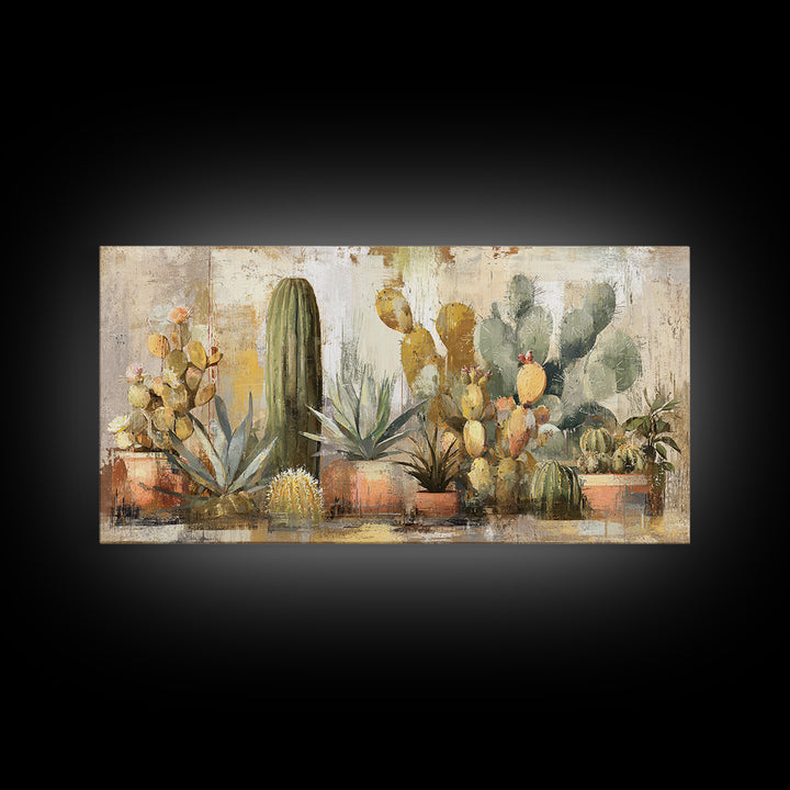 Warm Neutral Cactus Garden Illustration Framed Canvas Print, Boho Art, Living Room Decor, Watercolor Art, Bohemian, BOH-2x1-14