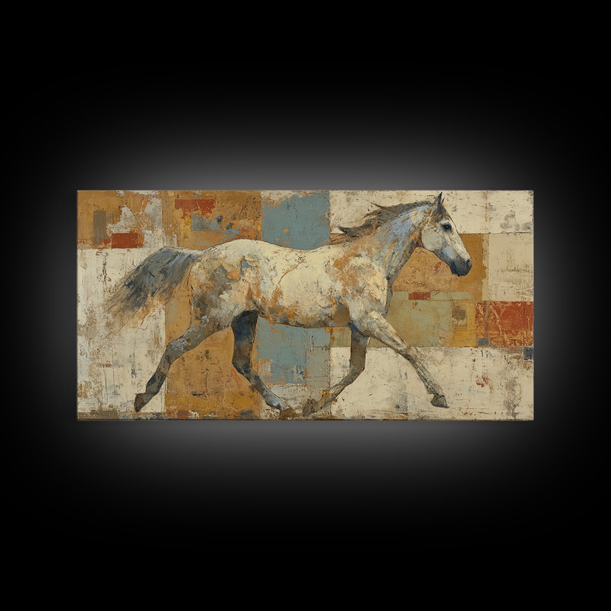 Wild Horse in Dusty Golden Light Framed Canvas Print, Boho Art, Wall Art, Living Room Decor, Fine Art, Bohemian, Art Deco, BOH-2x1-28