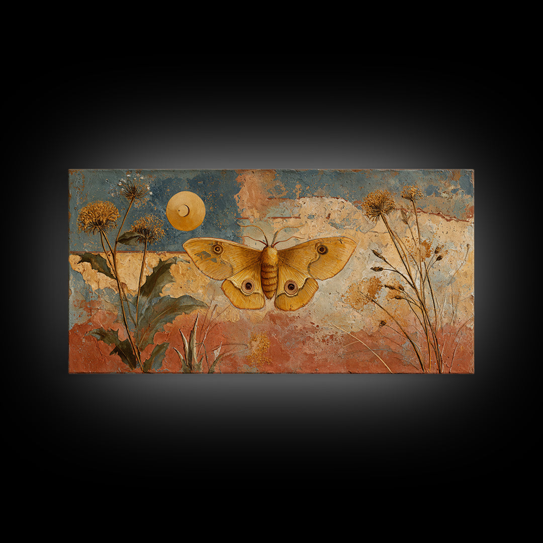 Golden Moth with Moon and Stars Framed Canvas Print, Boho Art, Boho, Living Room Decor, Fine Art, Bohemian, Wall Art Print, BOH-2x1-37