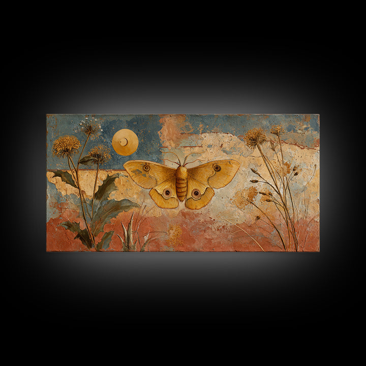 Golden Moth with Moon and Stars Framed Canvas Print, Boho Art, Boho, Living Room Decor, Fine Art, Bohemian, Wall Art Print, BOH-2x1-37