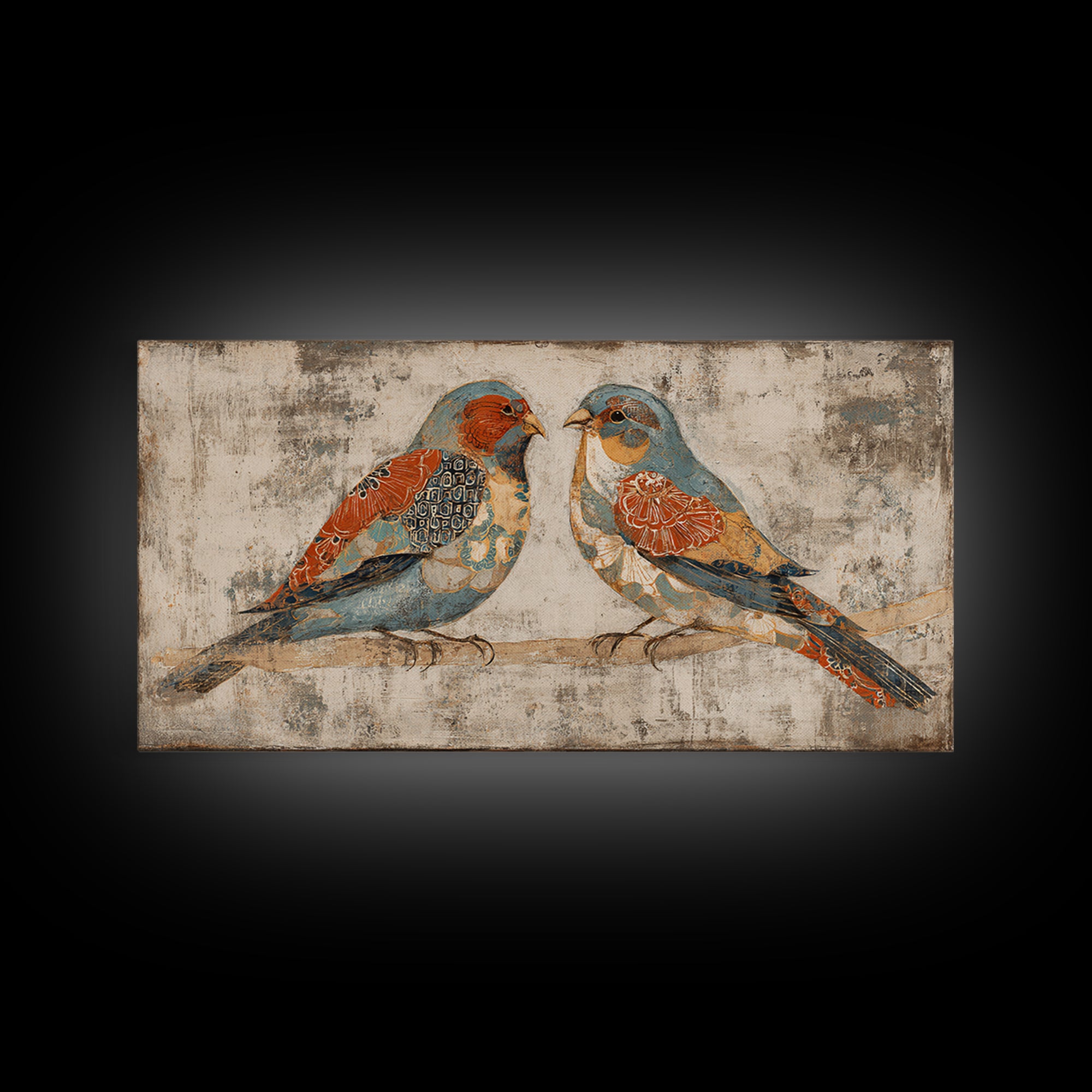 Boho Bird Pair Framed Canvas Print, Boho Art, Wall Decor, Living Room Decor, Fine Art, Bohemian, Art Nouveau, Abstract Art, BOH-2x1-40