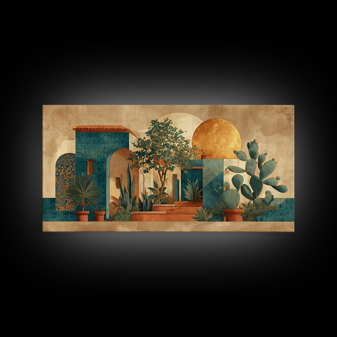 Desert Sun with Cactus and Warm Clay Framed Canvas Print, Boho Art, Printable Art, Living Room Decor, Oil Painting, Bohemian, BOH-2x1-45