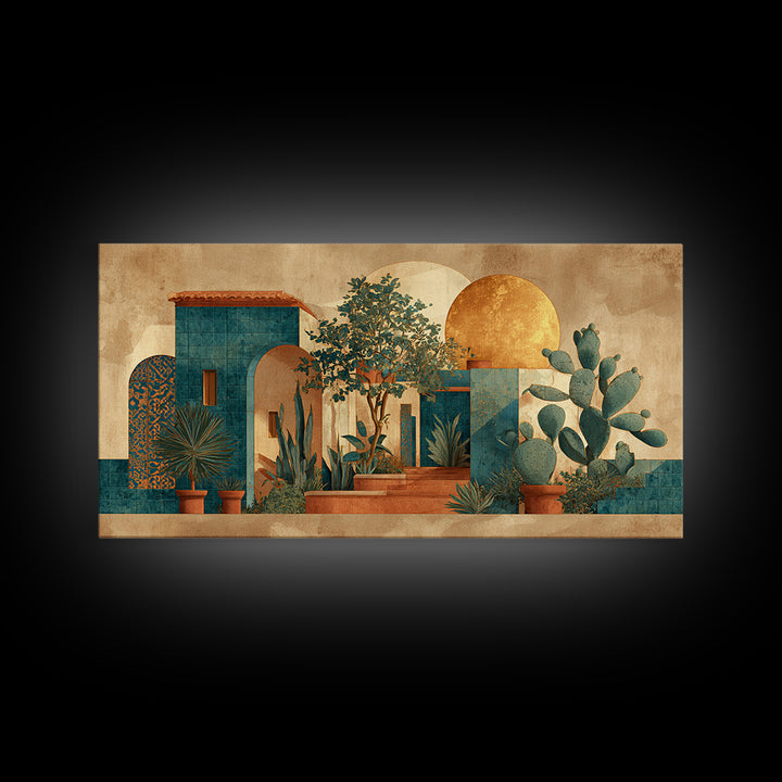 Desert Sun with Cactus and Warm Clay Framed Canvas Print, Boho Art, Printable Art, Living Room Decor, Oil Painting, Bohemian, BOH-2x1-45