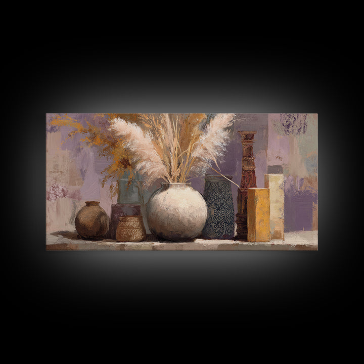 Bohemian Vase with Dried Pampas Grass Framed Canvas Print, Boho Art, Art Nouveau, Living Room Decor, Watercolor Art, Bohemian, BOH-2x1-5