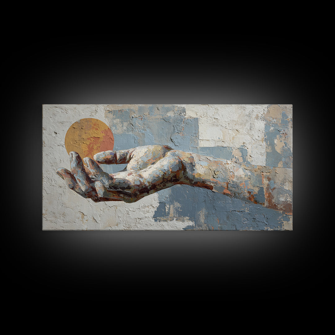 Mystic Hand Holding a Tiny Sun Framed Canvas Print, Boho Art, Printable, Living Room Decor, Bohemian, Abstract Wall Art, BOH-2x1-50