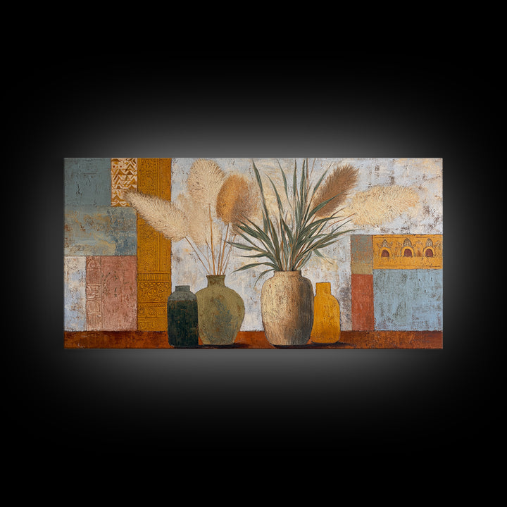 Bohemian Vase with Dried Pampas Grass Canvas Print, Boho Art, Abstract Wall Art, Living Room Decor, Oil Painting, Bohemian, BOH-2x1-53