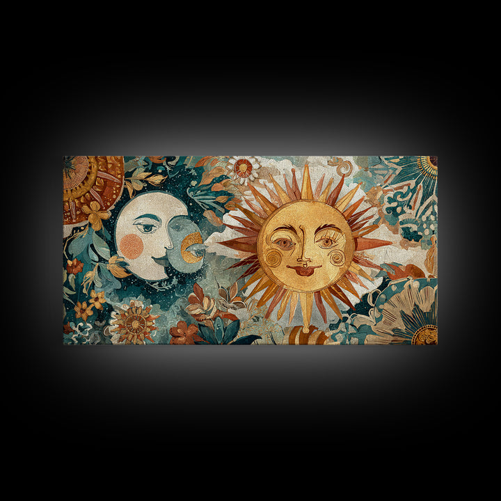 Sun and Moon Celestial Folk Motif Canvas Print, Boho Art, Printable Wall Art, Living Room Decor, Bohemian, Abstract Wall Art, BOH-2x1-54