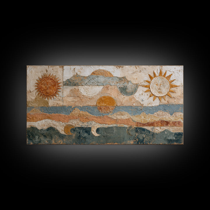 Sun and Moon Celestial Folk Motif Framed Canvas Print, Boho Art, Wall Decor, Living Room Decor, Fine Art, Bohemian, Art Nouveau, BOH-2x1-6