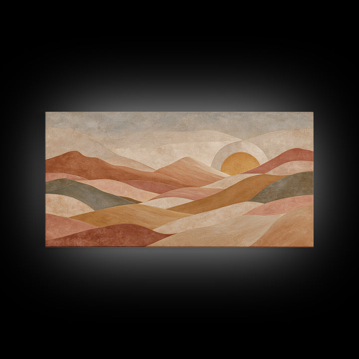 Sunrise over Rolling Dunes in Muted Peach Framed Canvas Print, Boho Art, Living Room Decor, Abstract Art, Bohemian, BOH-2x1-65