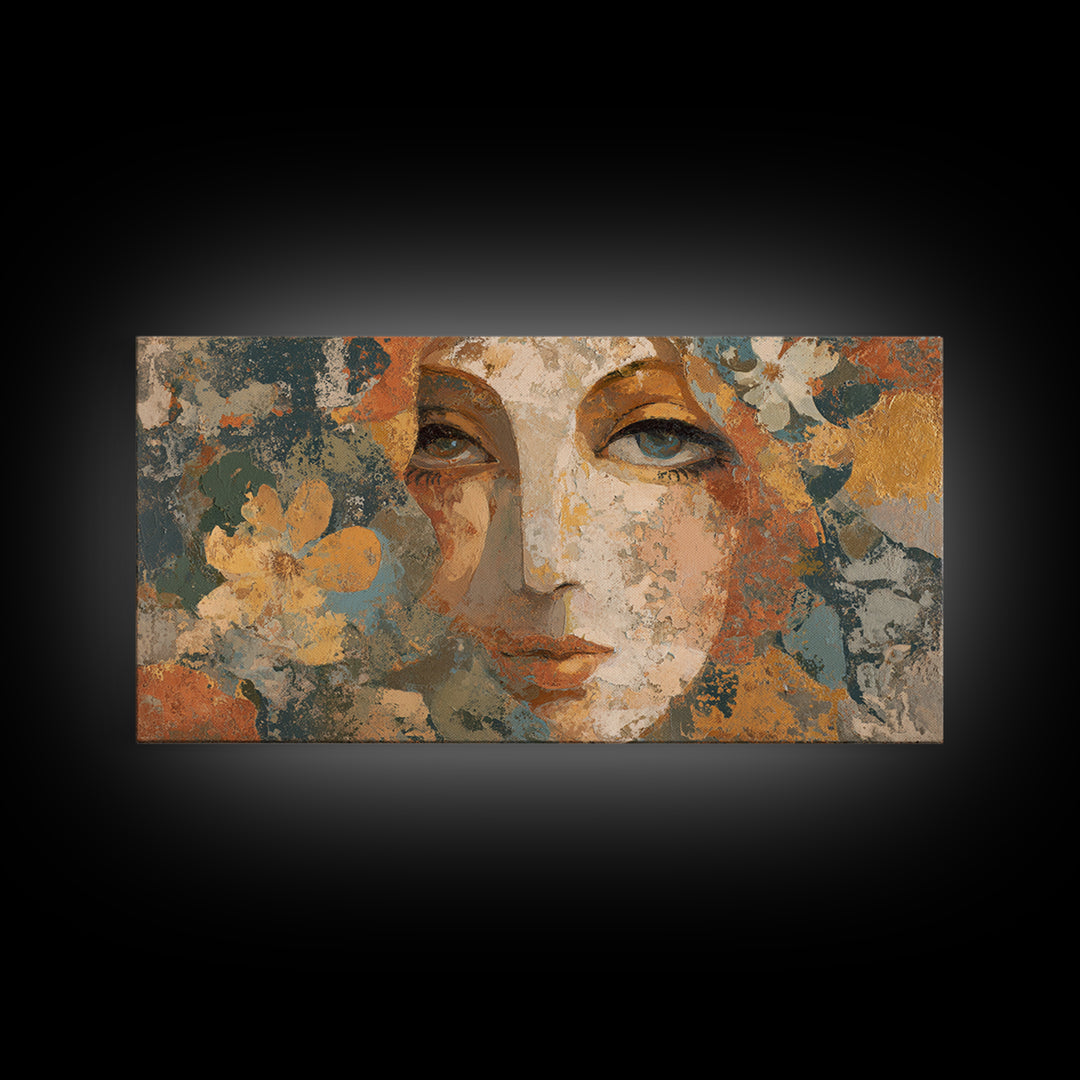 Abstract Female Face Framed Canvas Print, Boho Art, Digital Wall Art, Living Room Decor, Watercolor Art, Bohemian, Garden Art, BOH-2x1-72