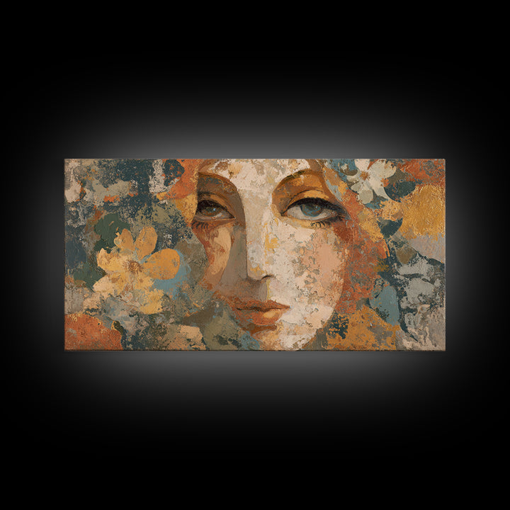 Abstract Female Face Framed Canvas Print, Boho Art, Digital Wall Art, Living Room Decor, Watercolor Art, Bohemian, Garden Art, BOH-2x1-72