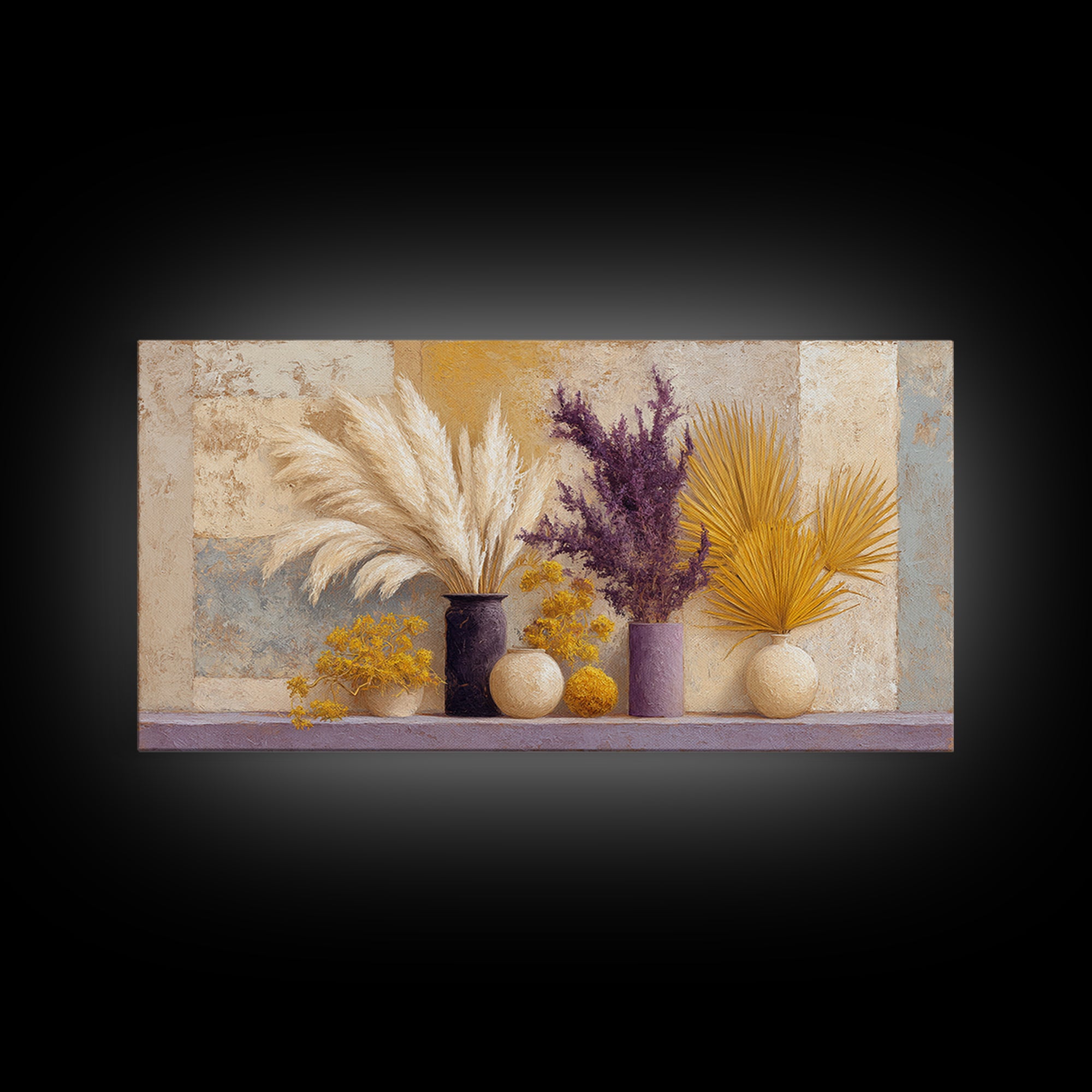 Bohemian Vase with Dried Pampas Grass Canvas Print, Boho Art, Abstract Wall Art, Living Room Decor, Oil Painting, Bohemian, BOH-2x1-77