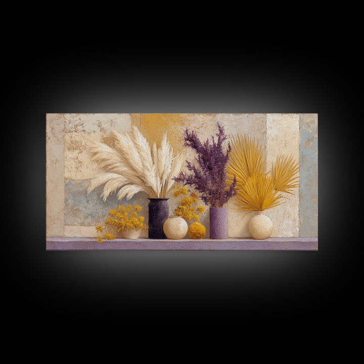 Bohemian Vase with Dried Pampas Grass Canvas Print, Boho Art, Abstract Wall Art, Living Room Decor, Oil Painting, Bohemian, BOH-2x1-77
