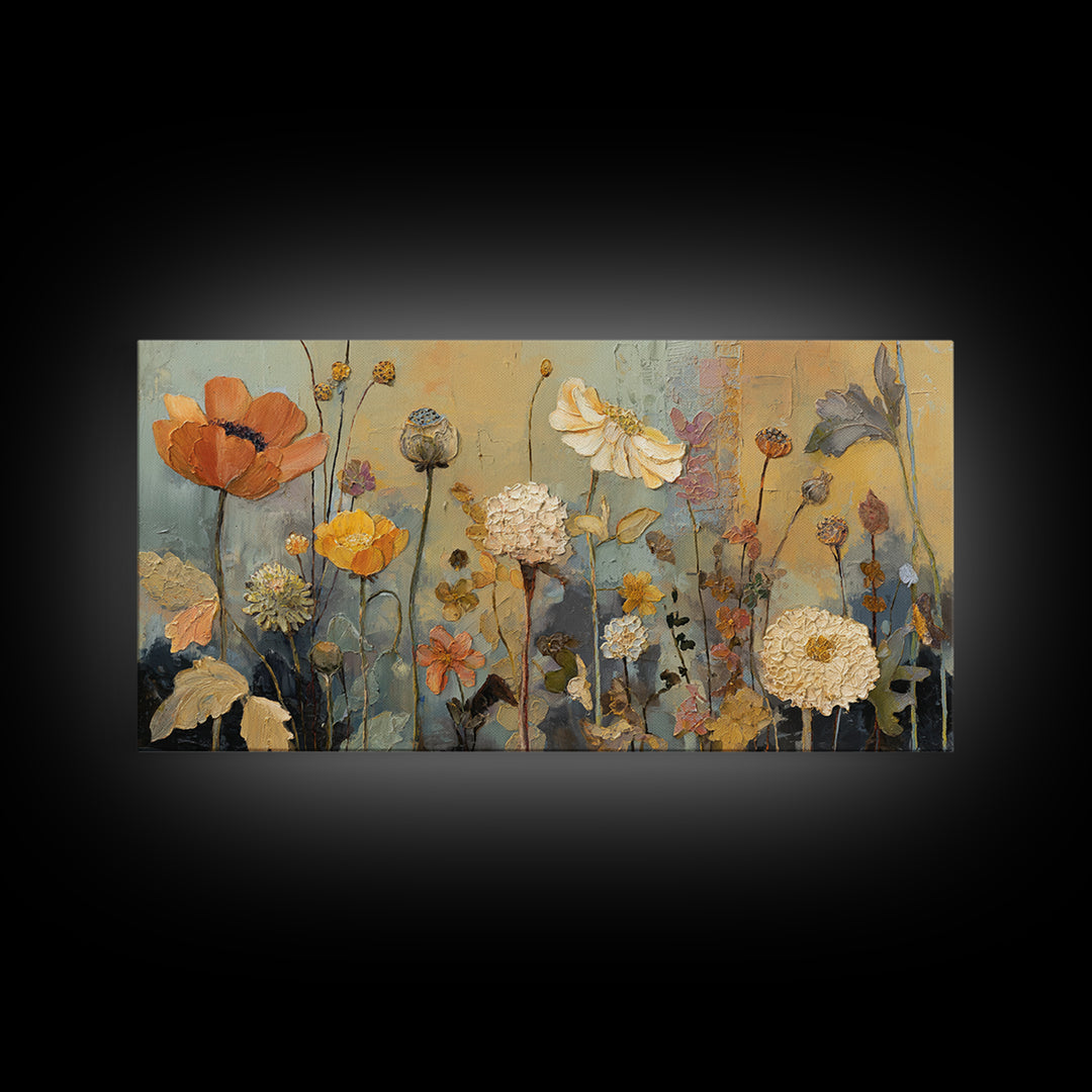 Burnt Orange Floral Field at Sunset Framed Canvas Print, Boho Art, Boho Wall Art, Living Room Decor, Fine Art, Bohemian, BOH-2x1-81