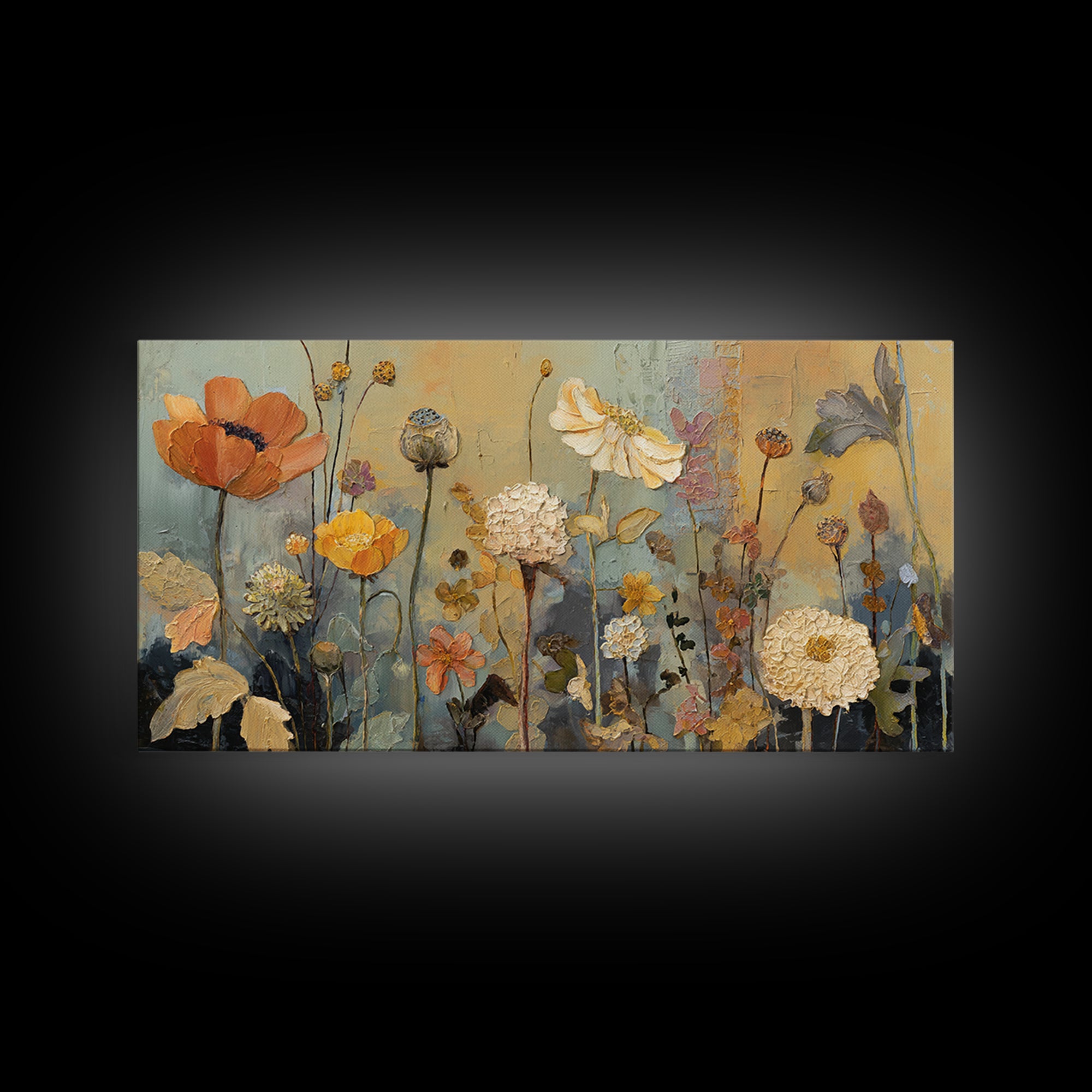 Burnt Orange Floral Field at Sunset Framed Canvas Print, Boho Art, Boho Wall Art, Living Room Decor, Fine Art, Bohemian, BOH-2x1-81