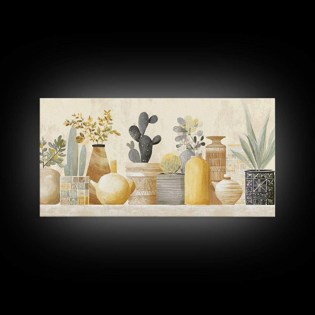 Warm Neutral Cactus Garden Illustration Framed Canvas Print, Boho Art, Digital Wall Art, Living Room Decor, Fine Art, Bohemian, BOH-2x1-86