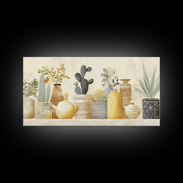 Warm Neutral Cactus Garden Illustration Framed Canvas Print, Boho Art, Digital Wall Art, Living Room Decor, Fine Art, Bohemian, BOH-2x1-86