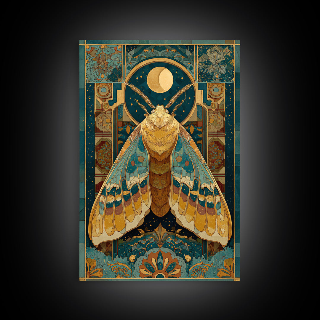 Golden Moth with Moon and Stars Framed Canvas Print, Boho Art, Art Nouveau, Living Room Decor, Fine Art, Bohemian, Wall Print, BOH-2x3-1