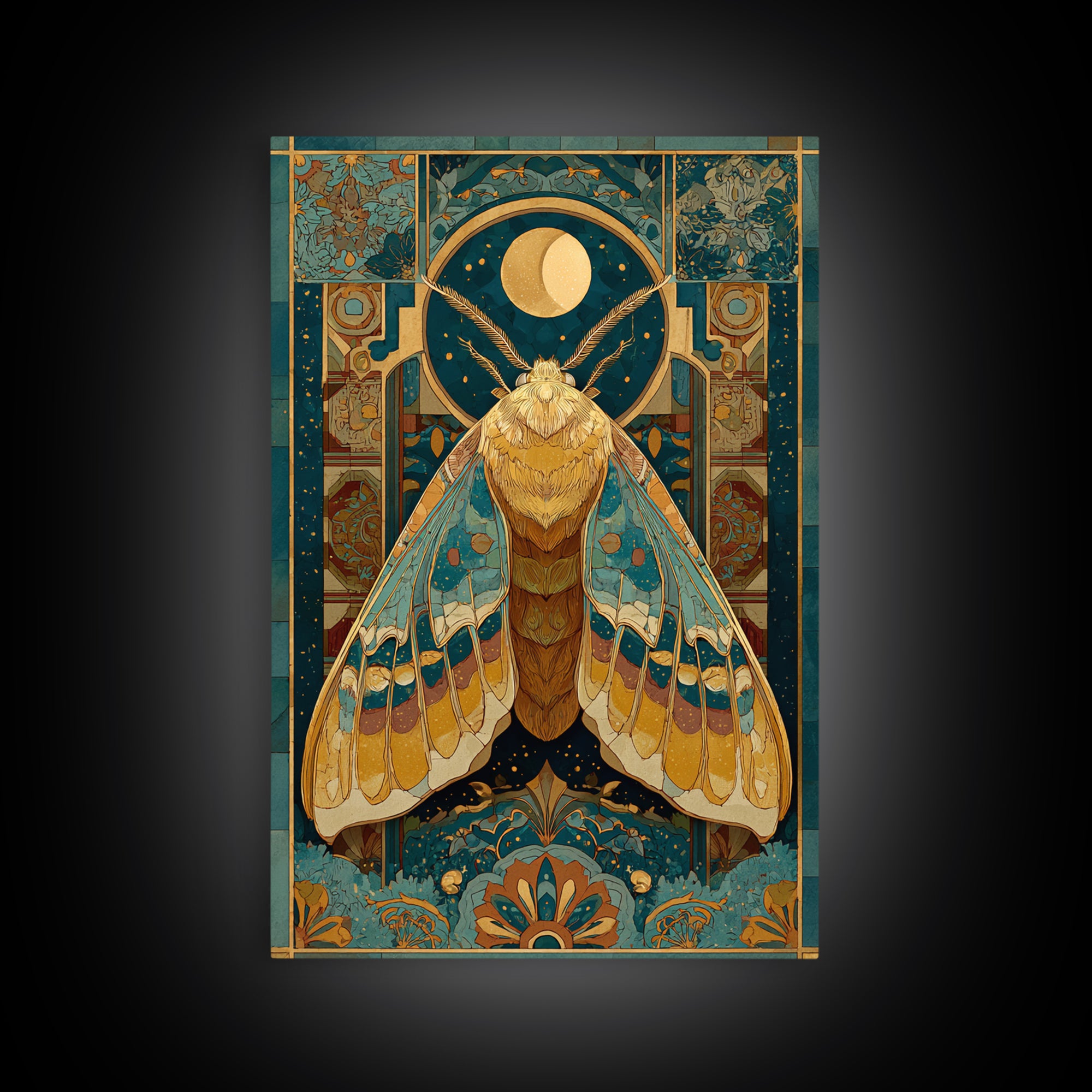 Golden Moth with Moon and Stars Framed Canvas Print, Boho Art, Art Nouveau, Living Room Decor, Fine Art, Bohemian, Wall Print, BOH-2x3-1