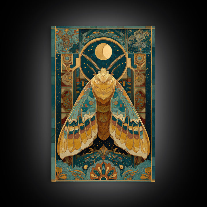 Golden Moth with Moon and Stars Framed Canvas Print, Boho Art, Art Nouveau, Living Room Decor, Fine Art, Bohemian, Wall Print, BOH-2x3-1
