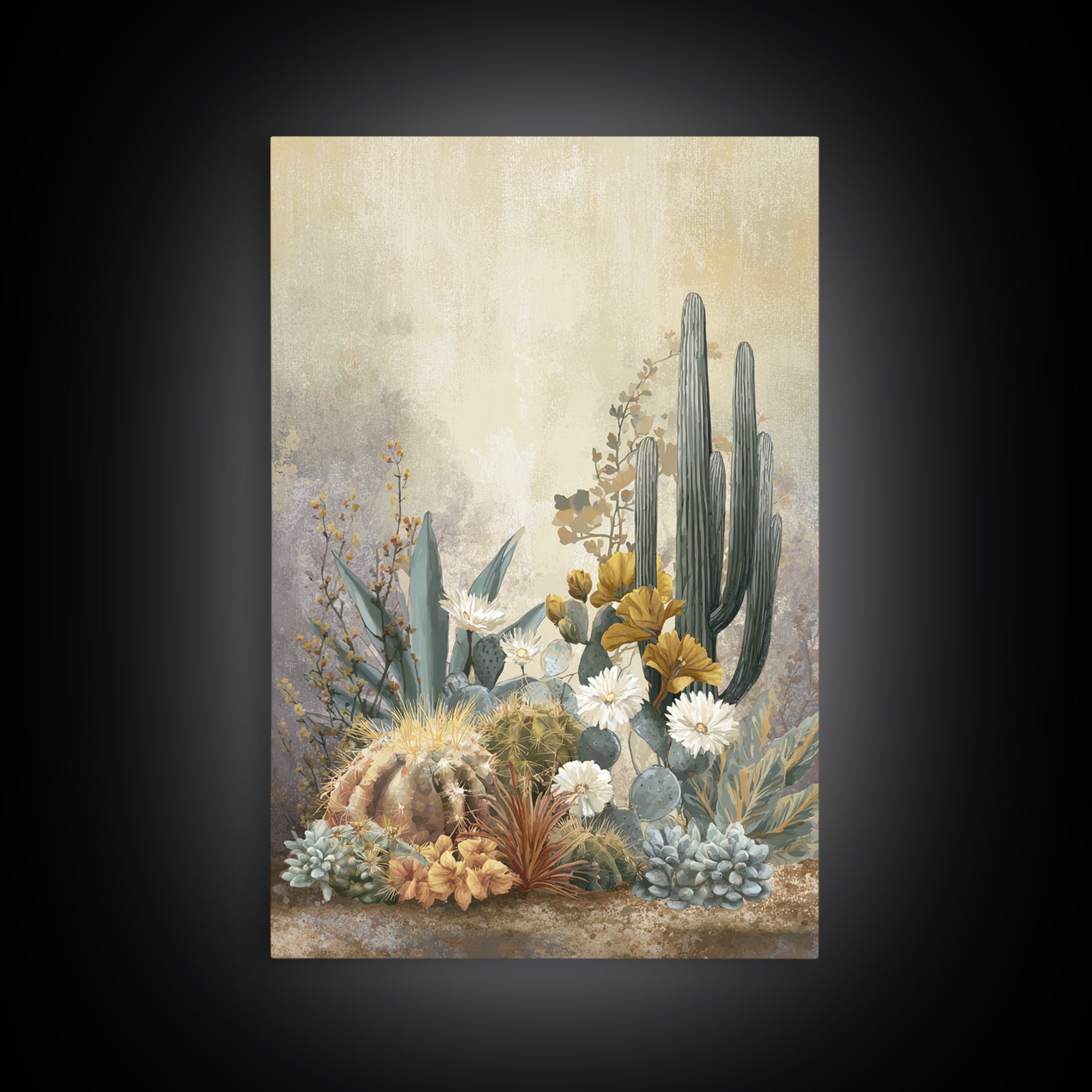 Warm Neutral Cactus Garden Illustration Framed Canvas Print, Boho Art, Wall Decor, Living Room Decor, Fine Art, Bohemian, BOH-2x3-2