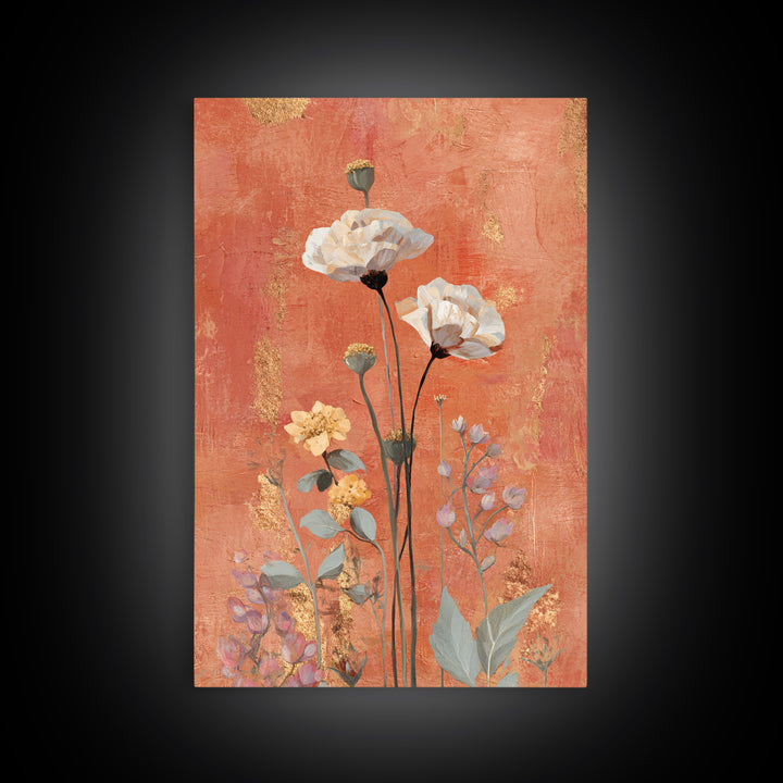 Burnt Orange Floral Field at Sunset Framed Canvas Print, Boho Art, Wallart, Living Room Decor, Bohemian, Living Room Wall Art, BOH-2x3-21