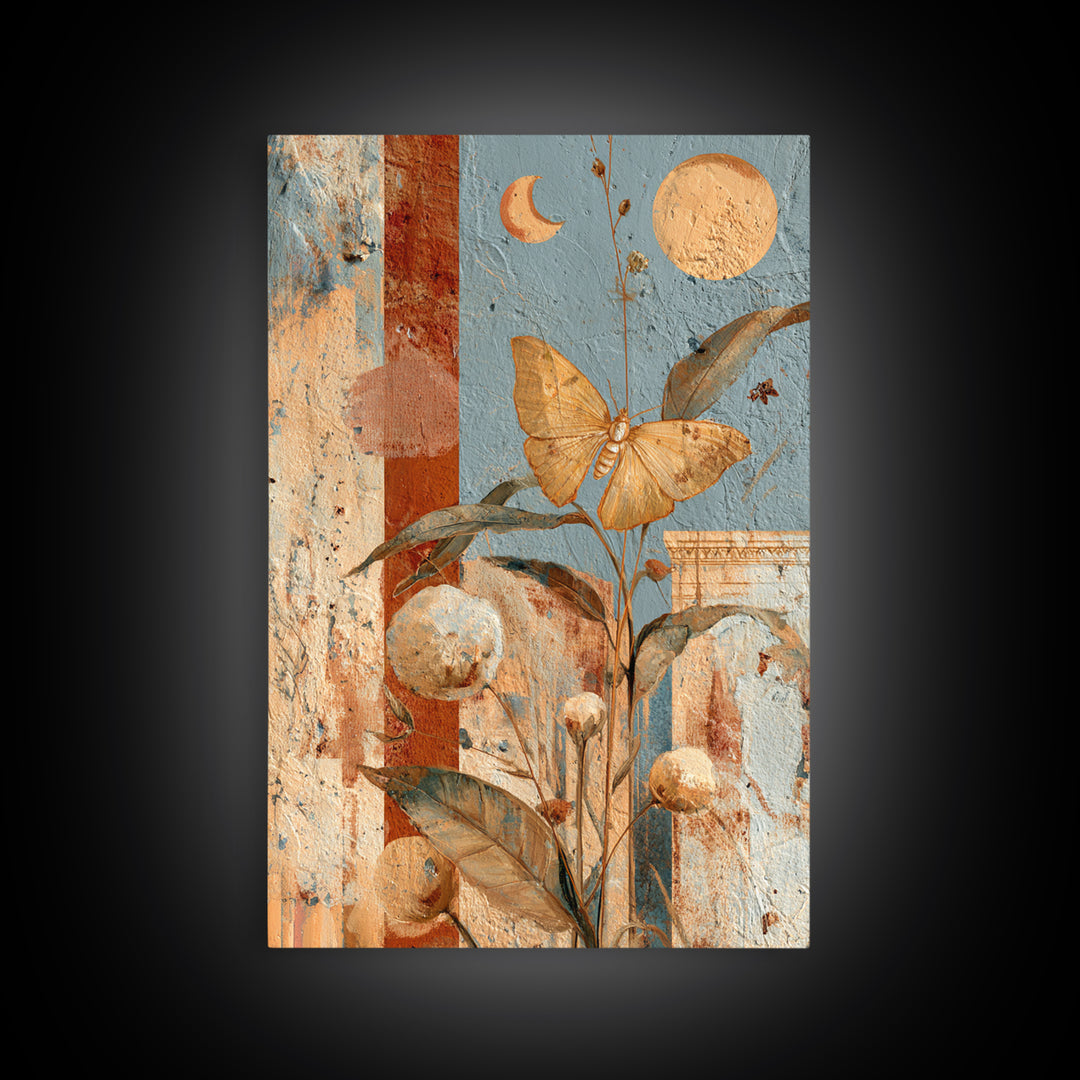 Golden Moth with Moon and Stars Framed Canvas Print, Boho Art, Art Nouveau, Living Room Decor, Fine Art, Bohemian, Wall Print, BOH-2x3-25