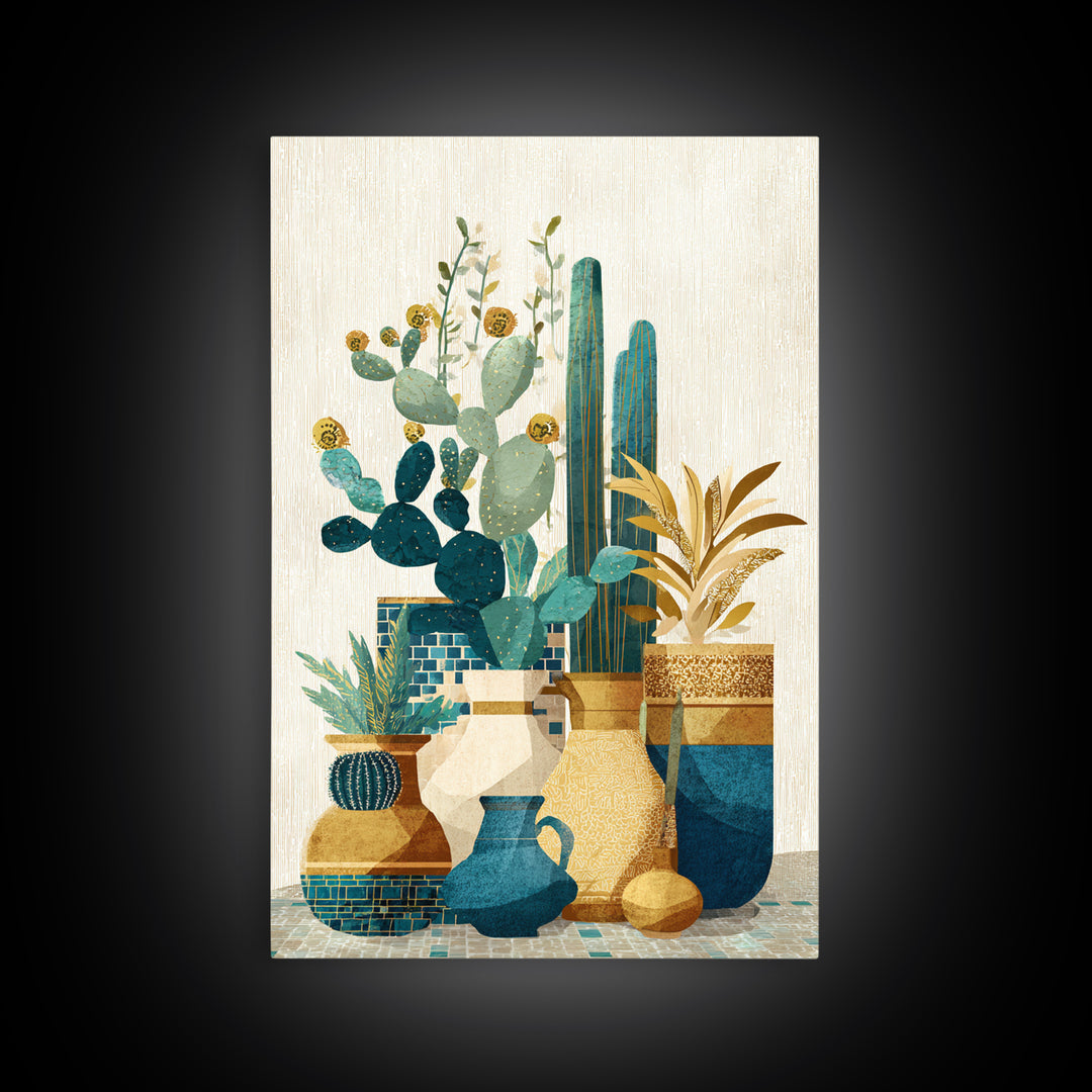 Warm Neutral Cactus Garden Illustration Framed Canvas Print, Boho Art, Wall Decor, Living Room Decor, Fine Art, Bohemian, BOH-2x3-26