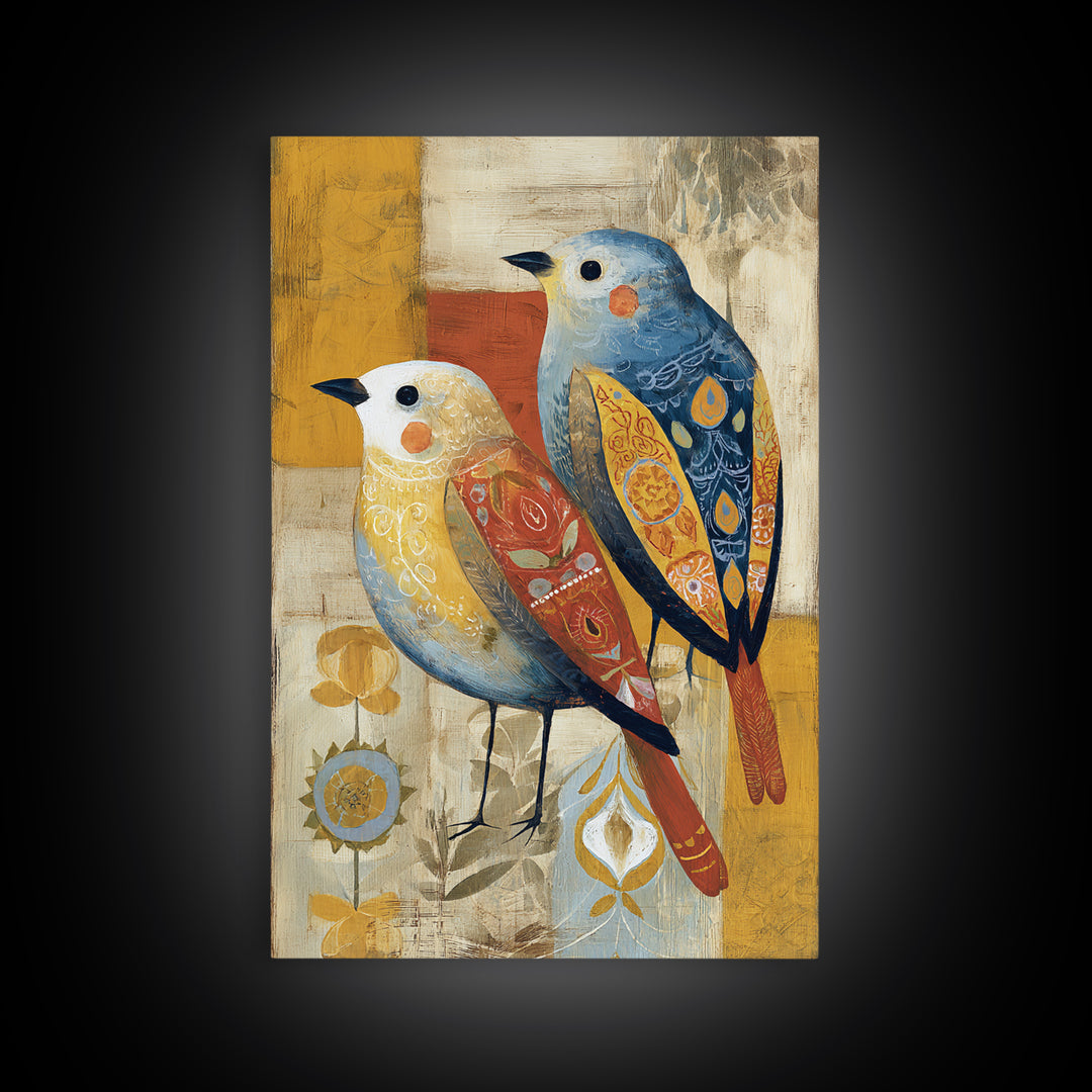 Boho Bird Pair Framed Canvas Print, Boho Art, Gallery Decor, Living Room Decor, Fine Art, Bohemian, Home Decor, Wall Decor, BOH-2x3-28